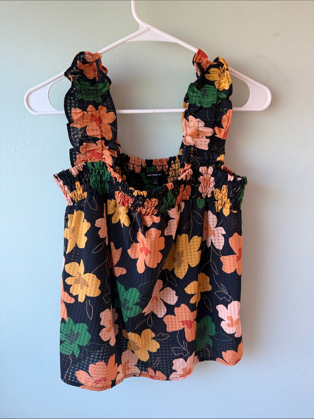 Who What Wear Black Floral Smocked Tank with Peach, Green & Yellow Flowers